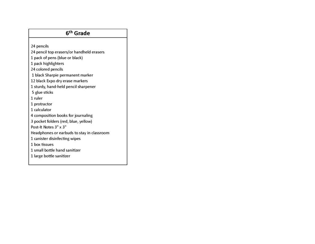 6th Grade Supply List