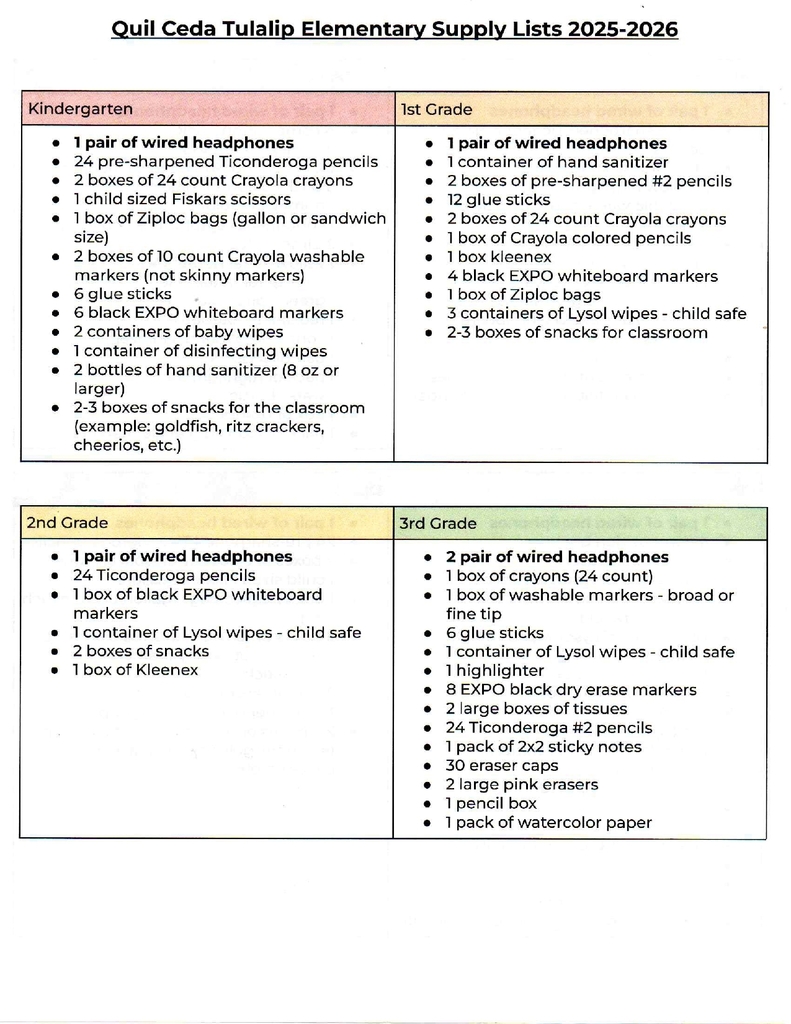 School Supply list Kinder through 3rd grade