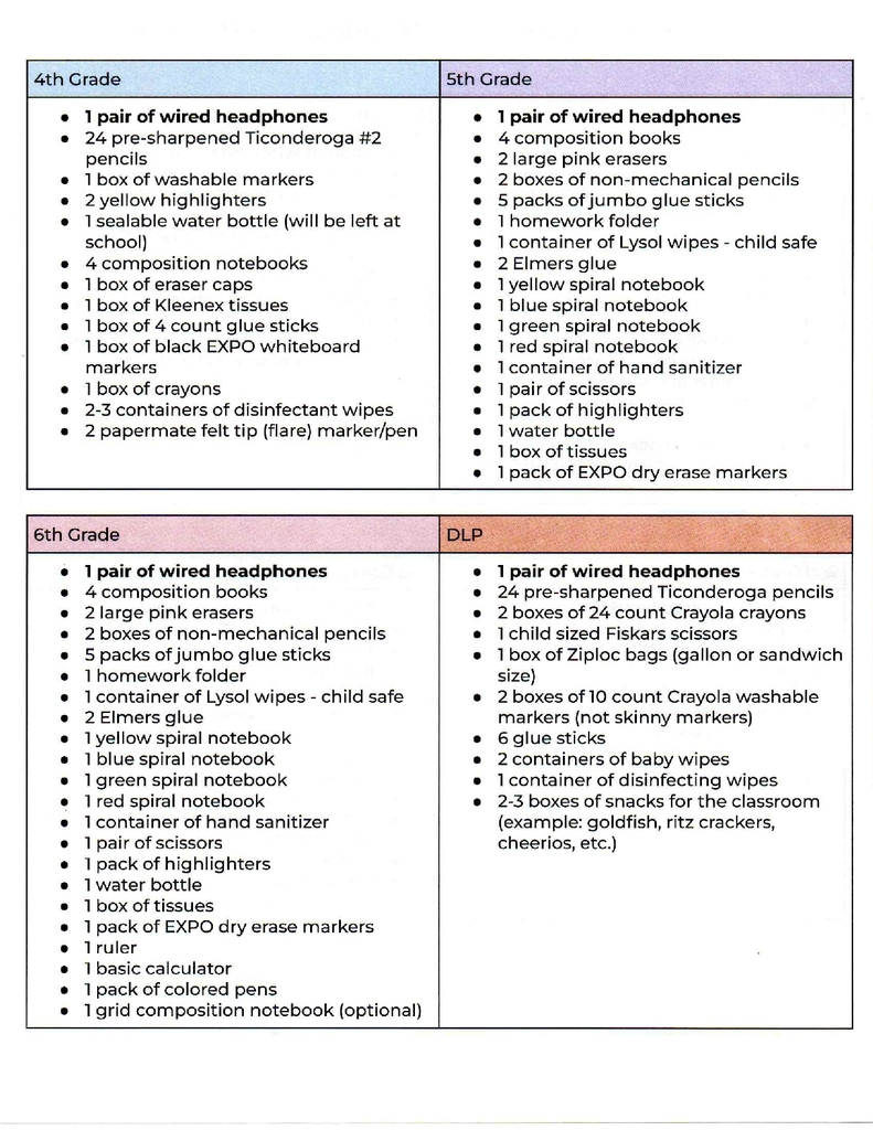 School Supply list 4th, 5th, 6th and DLP