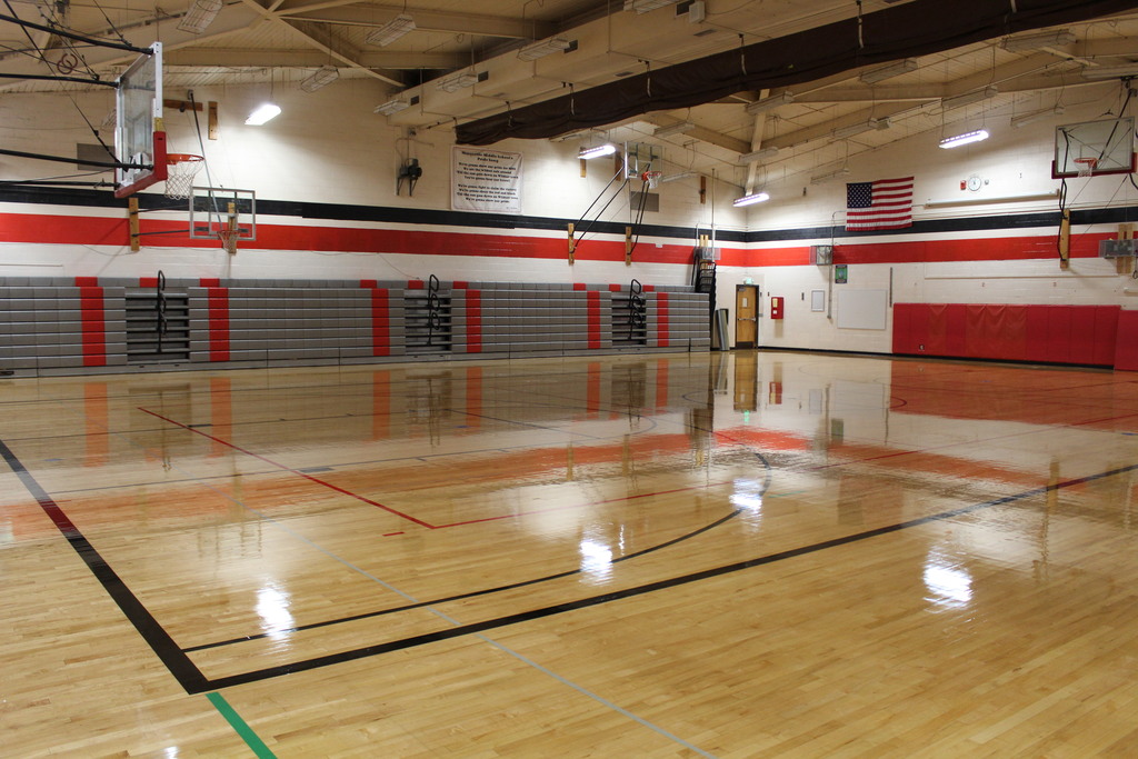 A shiny gymnasium floor is pictured, with red and black striping 