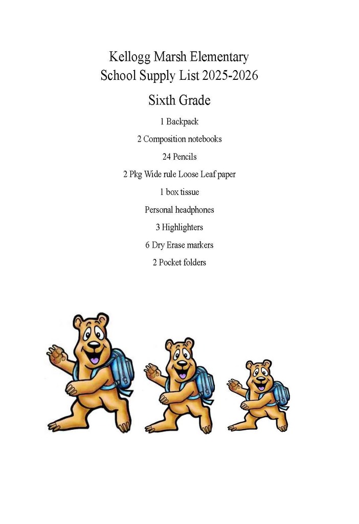6th grade supply list