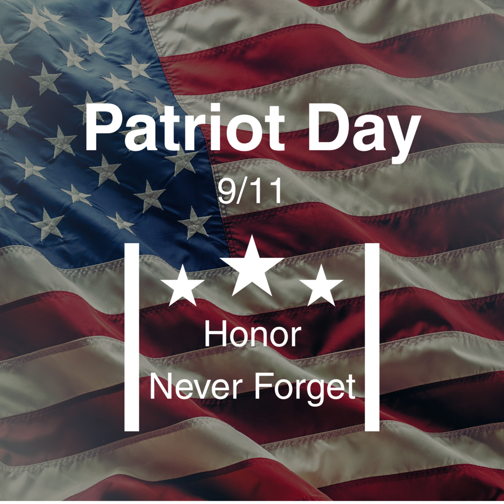 Patriot Day poster in front of an USA flag