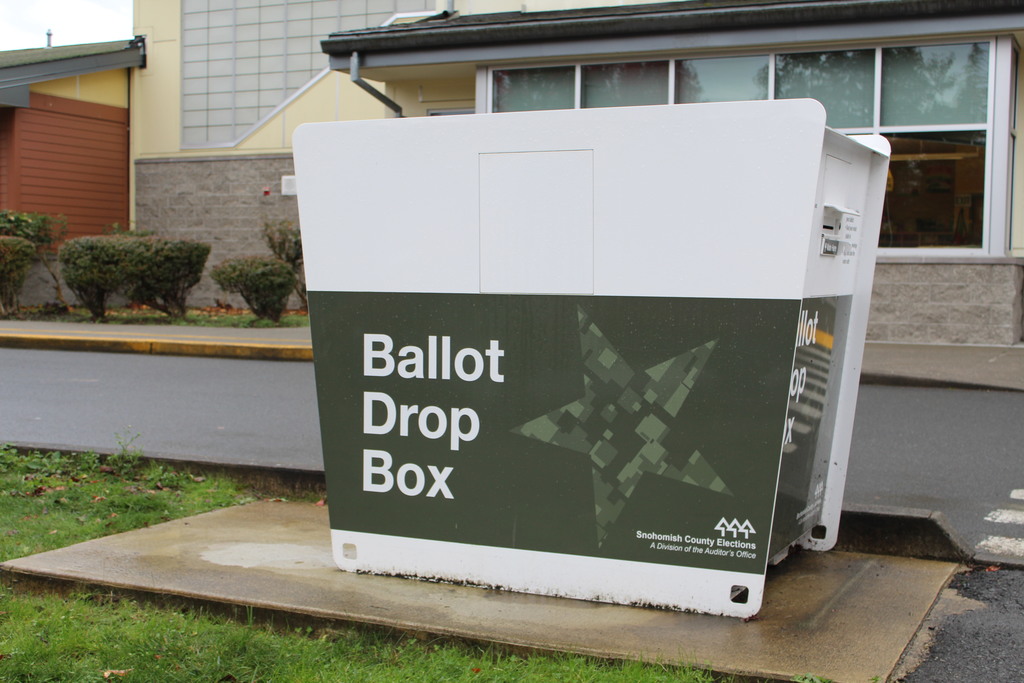 A ballot drop box is pictured