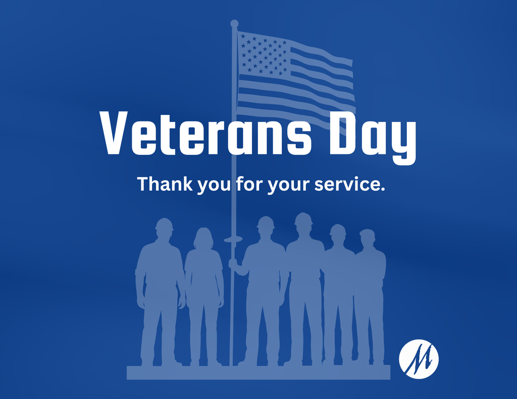 A blue Veterans Day graphic says Thank you for your service in front of an outline of service members and a USA flag, with the MSD Logo in white in the bottom corner