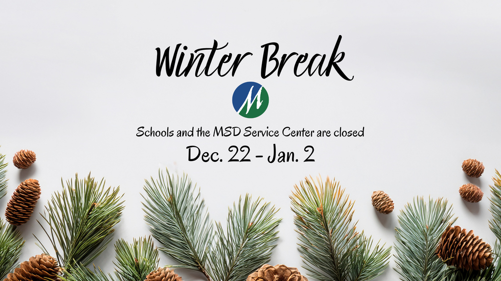 Winter Break information on a white background with pine cones and branches below