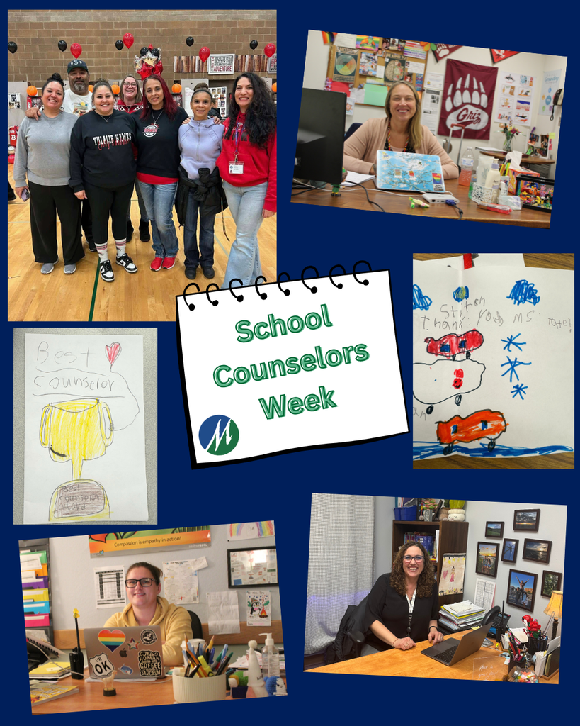 A collage of school counselor photos and student art are pictured on a blue background. A notebook image with the phrase School Counselors Week is in the middle of the image with the MSD logo.