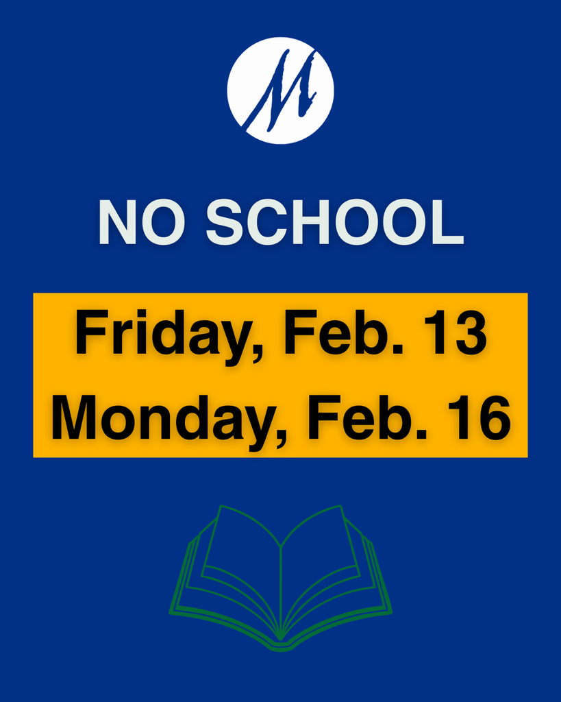 A blue image says NO SCHOOL with the affected dates listed in a yellow box with black text. There's a little green book image below the yellow text box