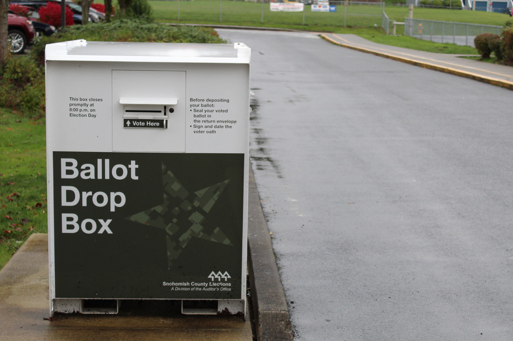 A ballot drop box is pictured
