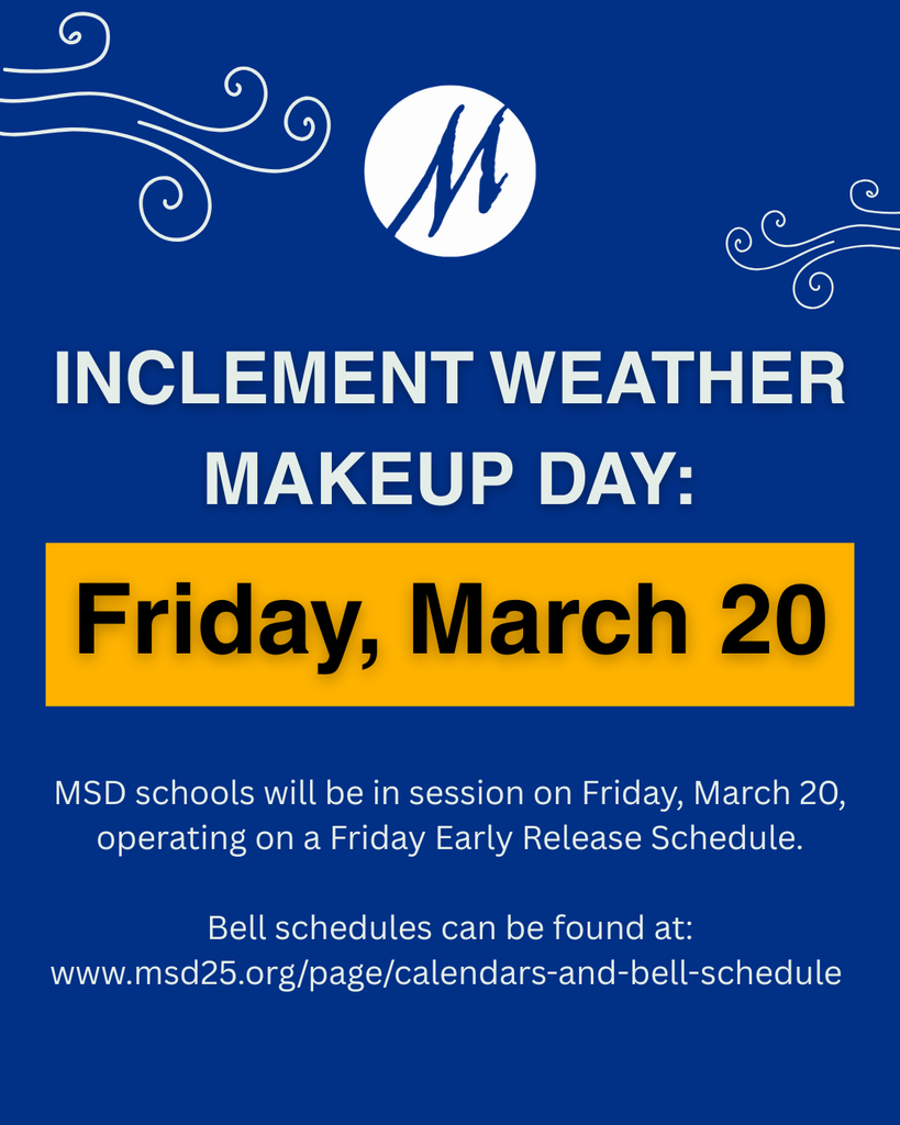 A blue image shares information about the weather makeup day happening on Friday, March 20 with a giant yellow text box underneath black text