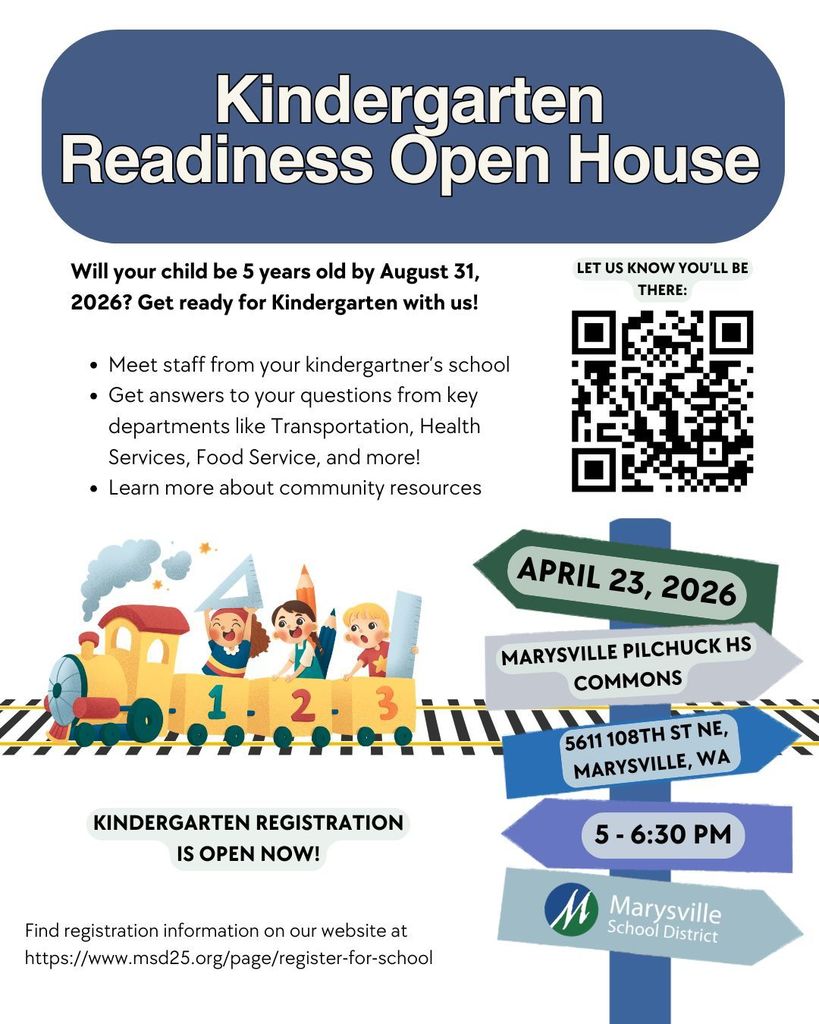 A whimsical image has information about Kindergarten Readiness Open House happening on April 23, 2026. The image is train themed. 