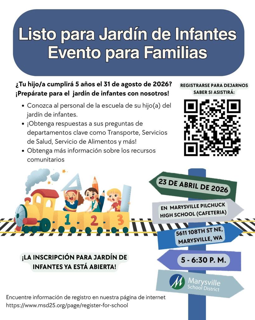 A whimsical image has information about Kindergarten Readiness Open House happening on April 23, 2026. The image is train themed and is in Spanish.