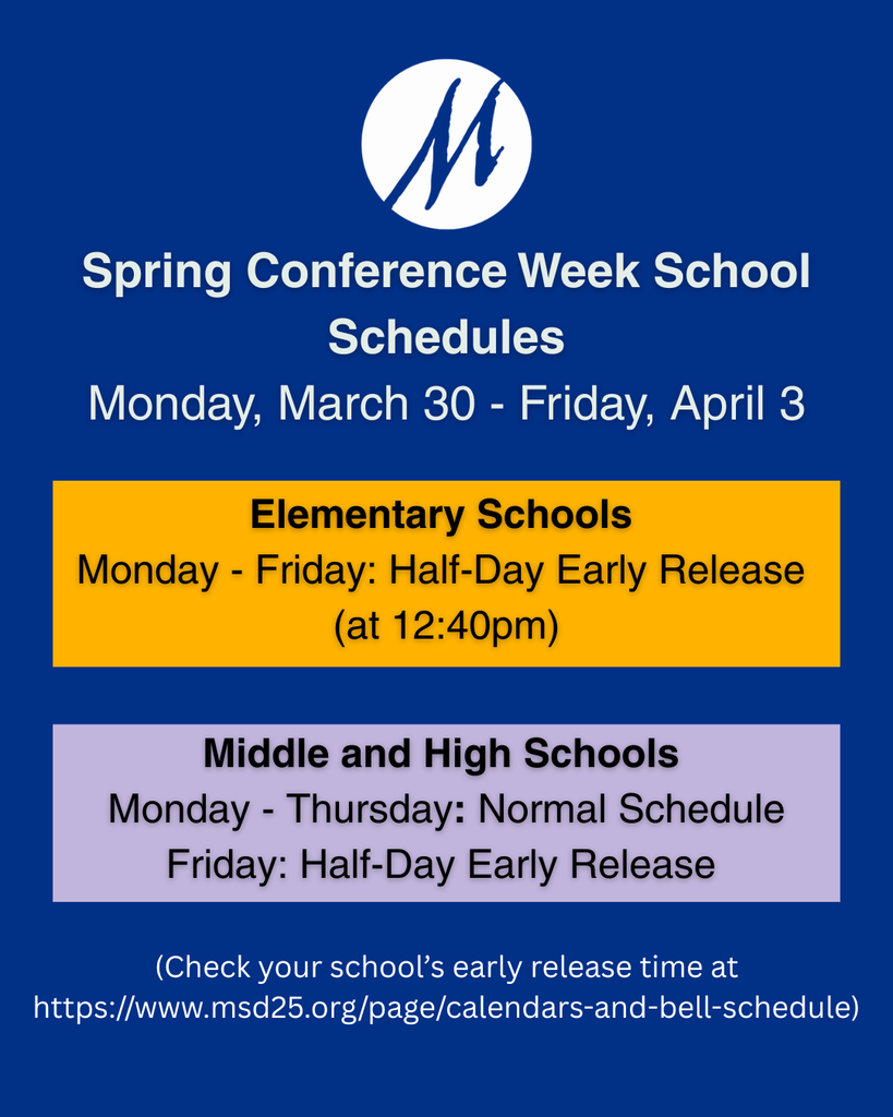 A blue graphic explains the spring conference week schedules with a blue and orange text box and the marysville school district logo in white at the top.