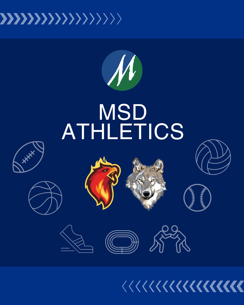 A blue image with the totem and cedarcrest logos surrounded by sports symbols