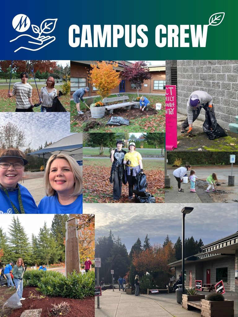 A collage of photos shows people participating in campus crew cleanup events in November