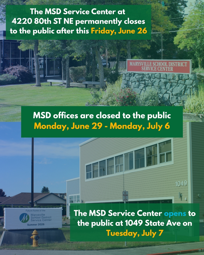 A collage image that is blue and green shares information about the closures and move of the MSD Service Center. The old service center is seen at the top with the new one seen at the bottom.
