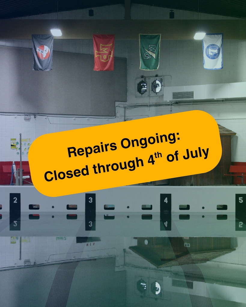 A green-blue tinted photo of the pool at Marysville Pilchuck High School is covered with a yellow-y orange oval that says "Repairs ongoing: closed through the 4th of July"