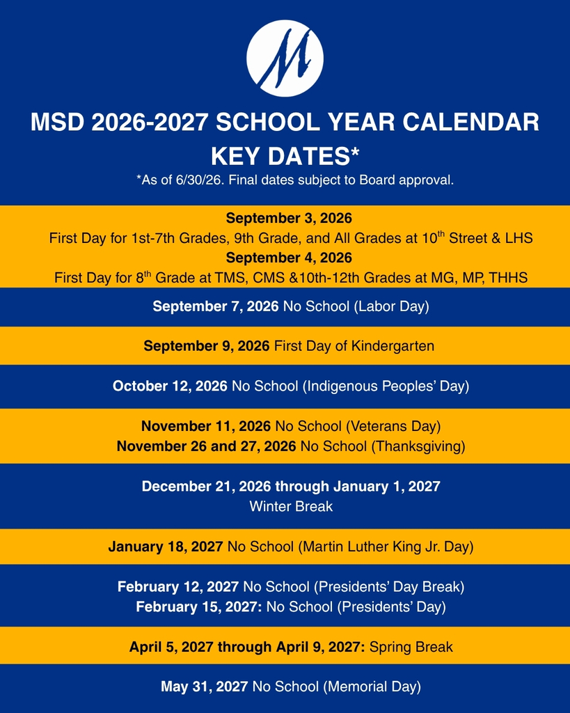 A list of key dates for the next school year is seen on a blue and yellow image with the Marysville School District logo in white at the top.