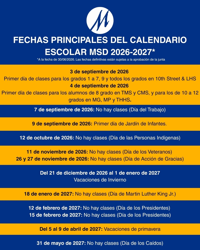 A blue and yellow image shows the key dates for next school year in Spanish