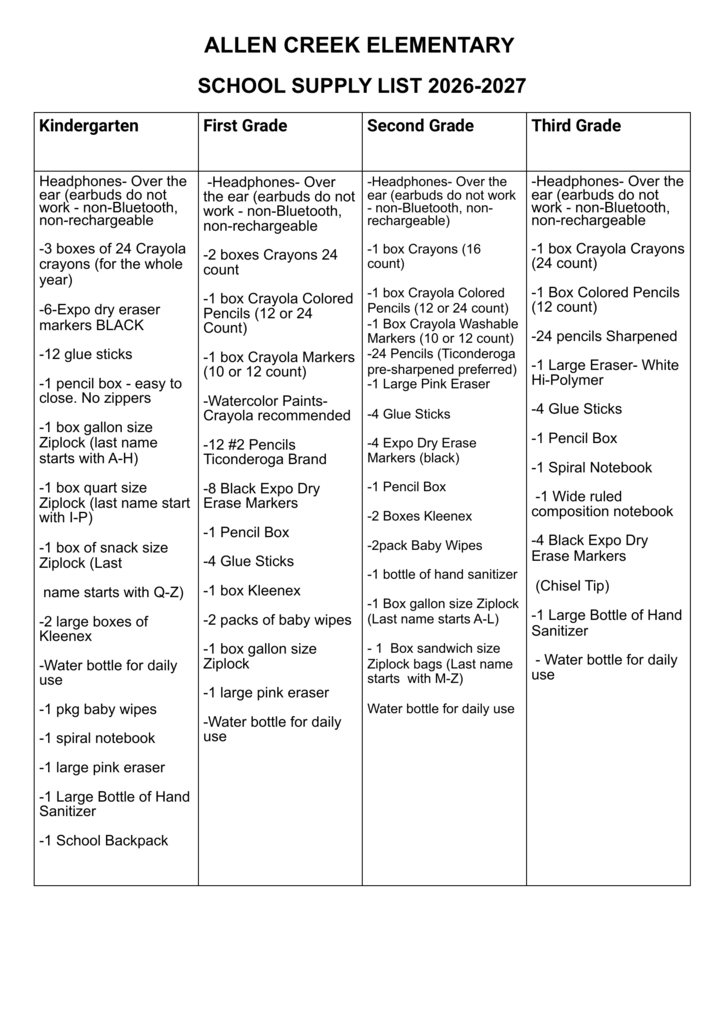 AC School Supply List 26/27