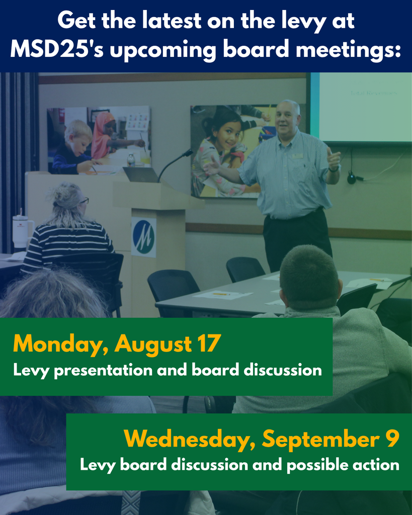 A blue and green tinted image shows a presentation being given, with details about the upcoming Board of Directors levy discussions overlayed in yellow and white text. 