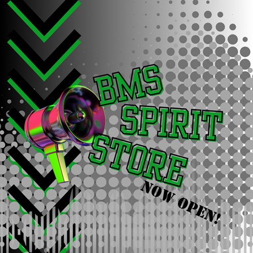 Graphic of a green and purple megaphone with "BMS Spirit Store: Now Open!" coming out of it. It is on a busy grayscale background with dots, lines, and arrows running down the left side. 