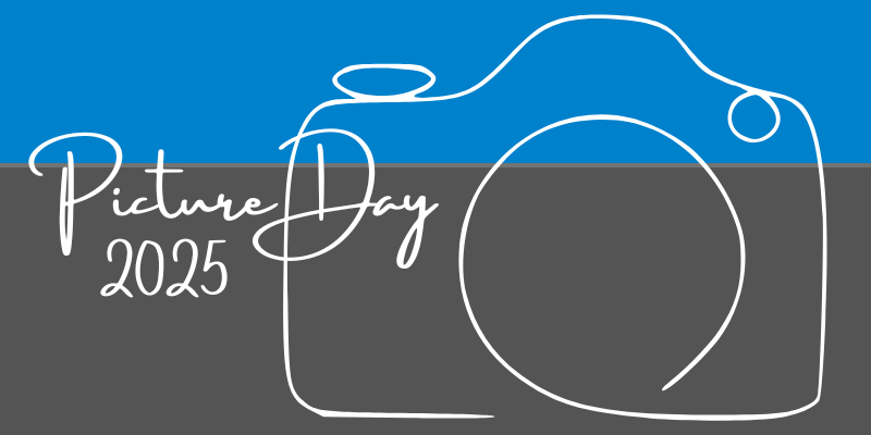 Graphic with the words "Picture Day 2025" in cursive font on the left, and line drawing of a camera on the right.