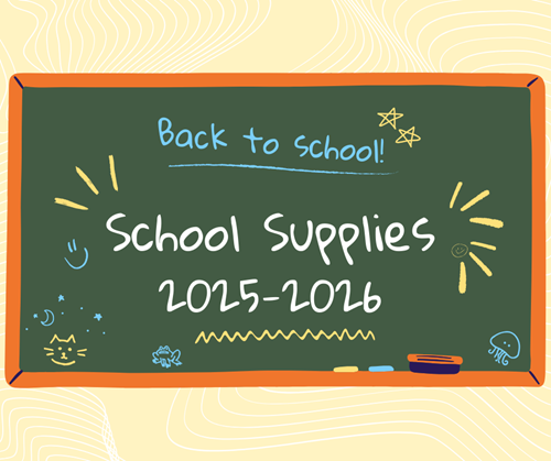 Announcement for school supply lists for 2025-2026 school year. The graphic is a black board with various simple doodles and text that reads "Back to school! School supplies 2025-2026."