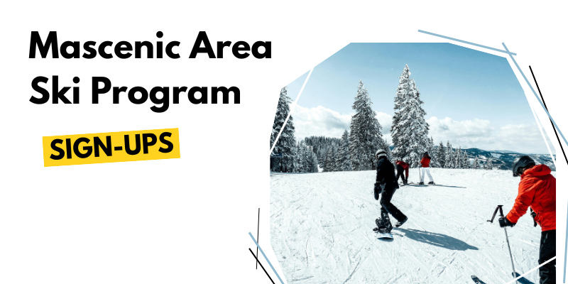 Graphic with a picture of young people on skis and snowboards at the summit of a mountain. To the right of image is text that reads "Mascenic Area Ski Program: Sign-ups". 