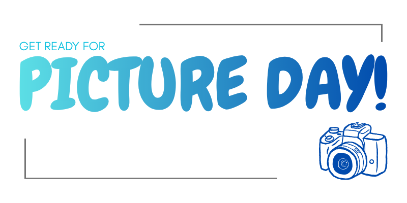 Large bubble text that reads "Get ready for Picture Day!" A small illustration of a camera is in the bottom right corner.