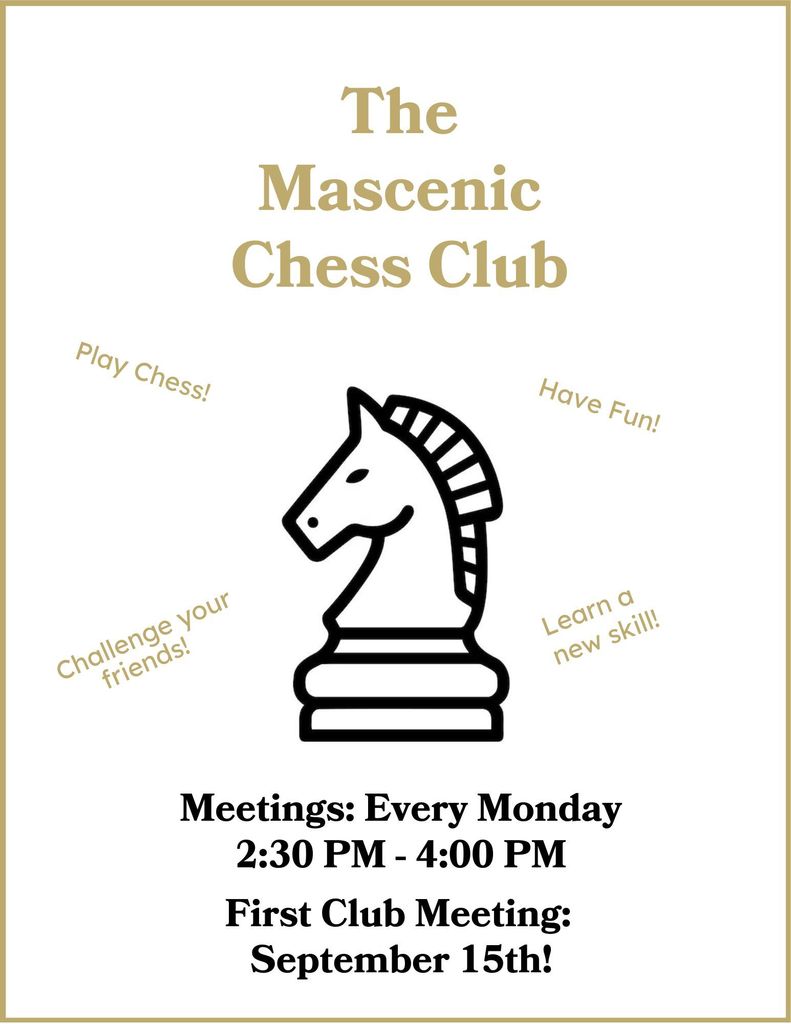 MRHS Chess Club informational flier. Chess club is open to high school and middle school students.  First meeting  September 15th, 2:30-4:00pm