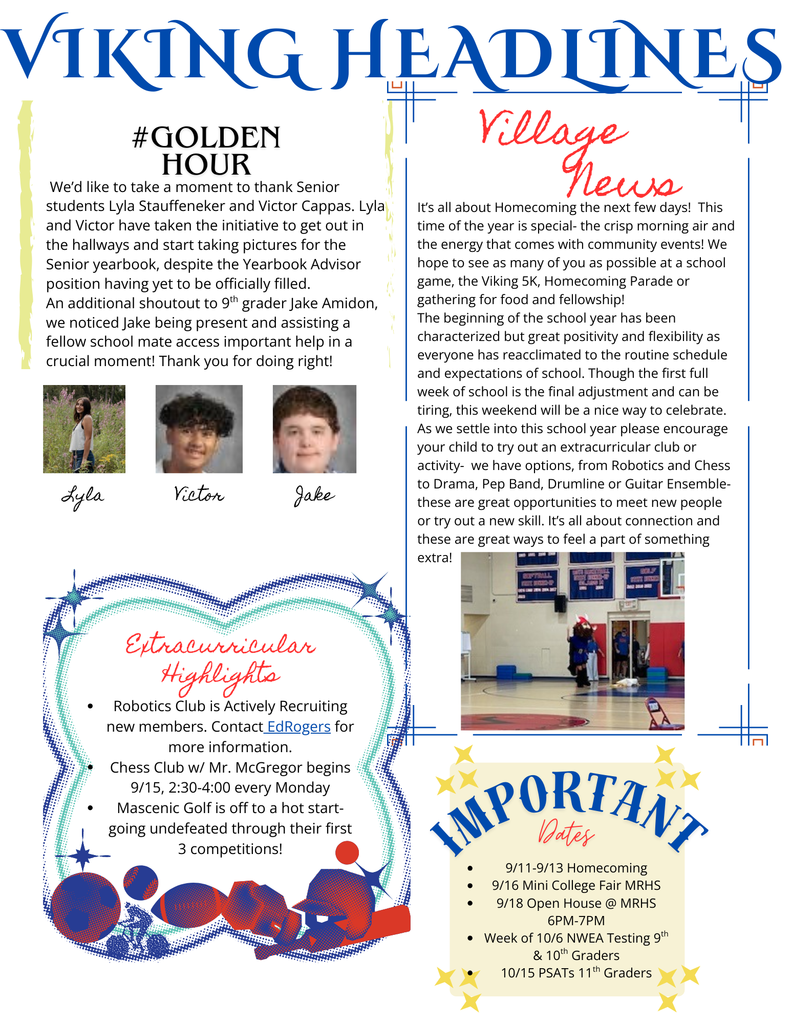 school newsletter highlighting spirit week and some student accomplishments