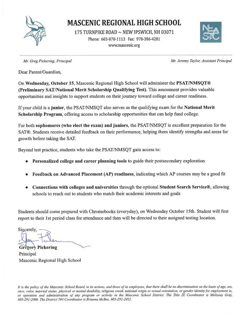 Letter with information about the PSATs at MRHS on 10/15/25