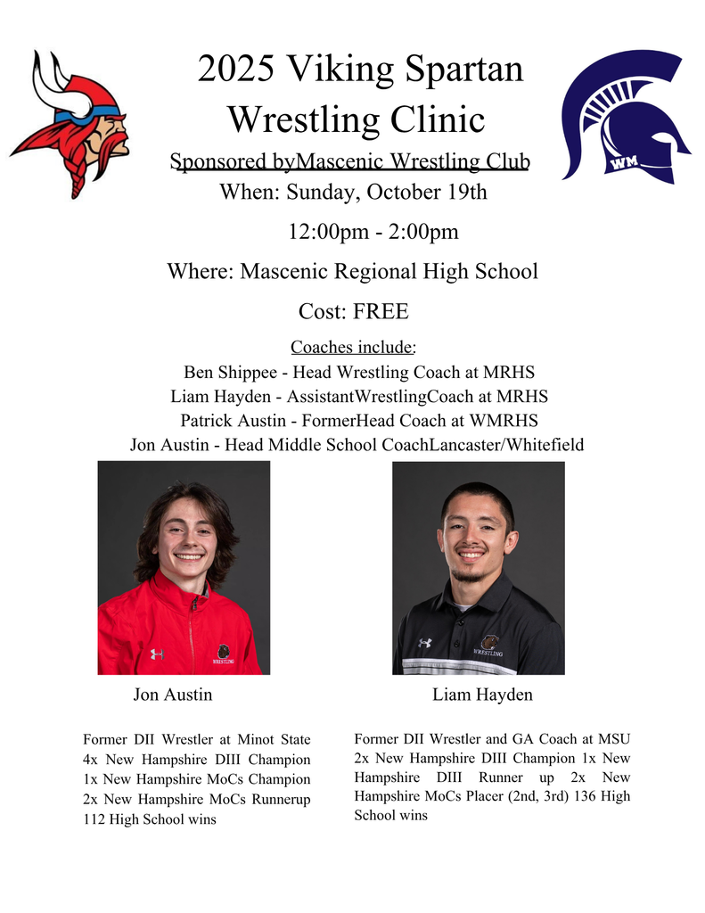 flier with information about wrestling clinic Sunday October 19th from 12pm-2pm at MRHS