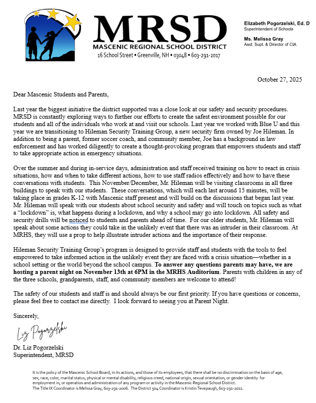 Letter outlining the Hileman Security Training Group