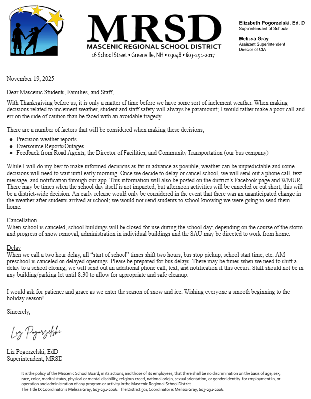 Letter outlining the district's process for delaying or canceling school