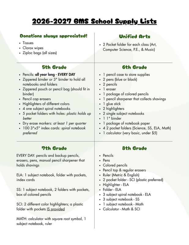 2026-2027 BMS School Supply Lists. Text version below. 