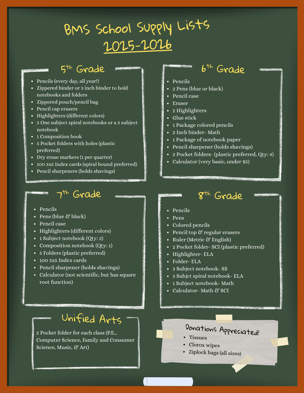 School supply lists for all grades for the 2025-2026 school year.