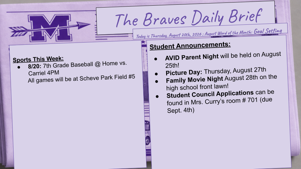 Thursday 8/20/26