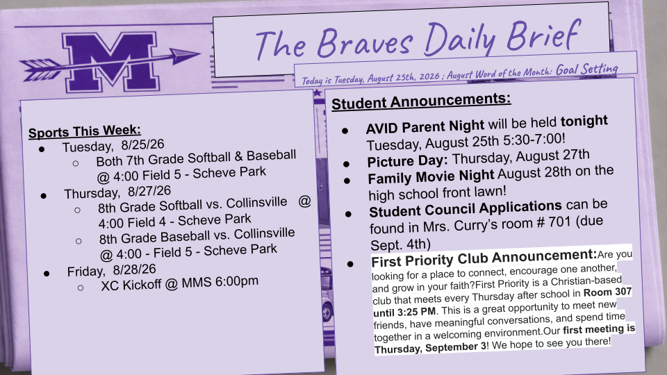 Tuesday 8/25/26