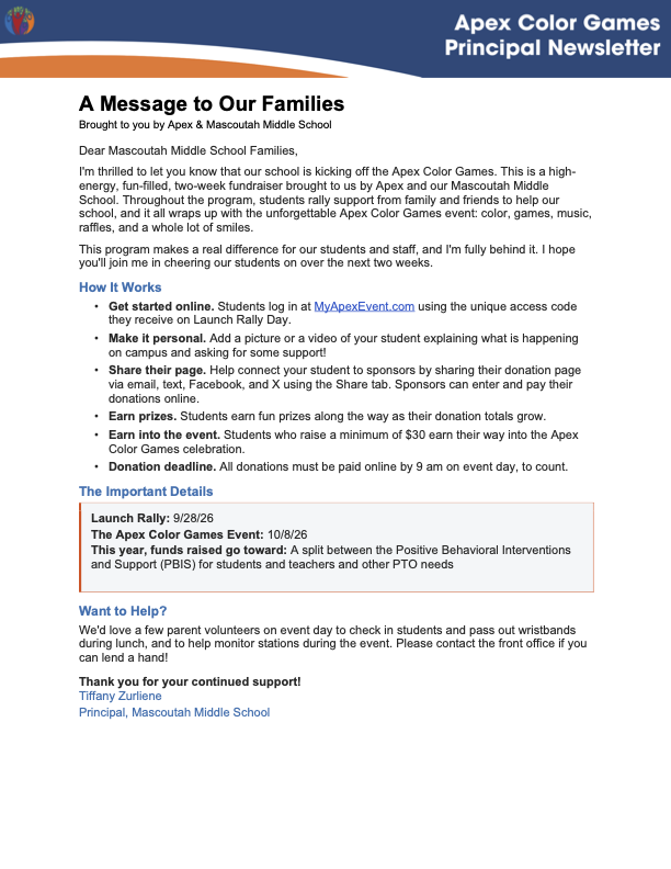 Apex Color Games - Principal Newsletter