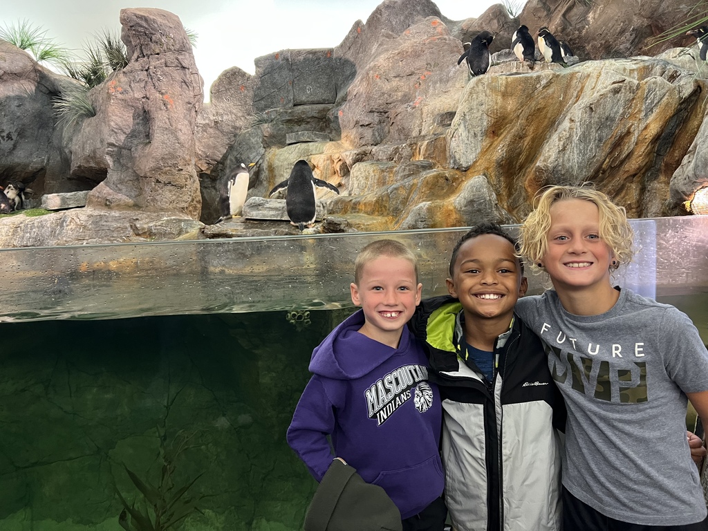 Three students in front of penguins 