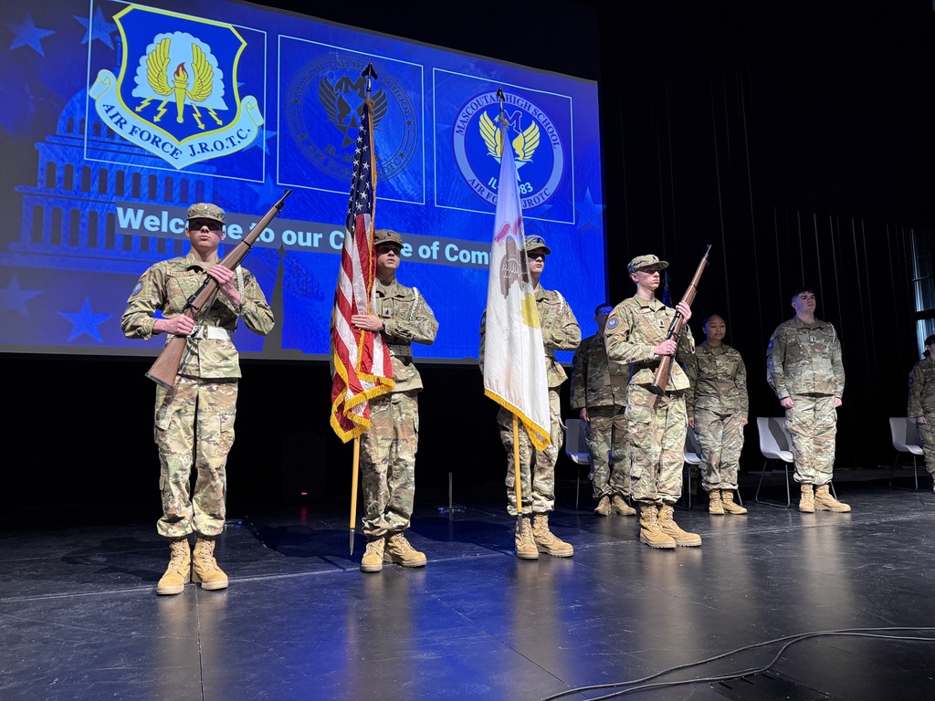 Color Guard presenting colors for the ceremony; Cadets Knight, Vanderzel, Howell and Neal