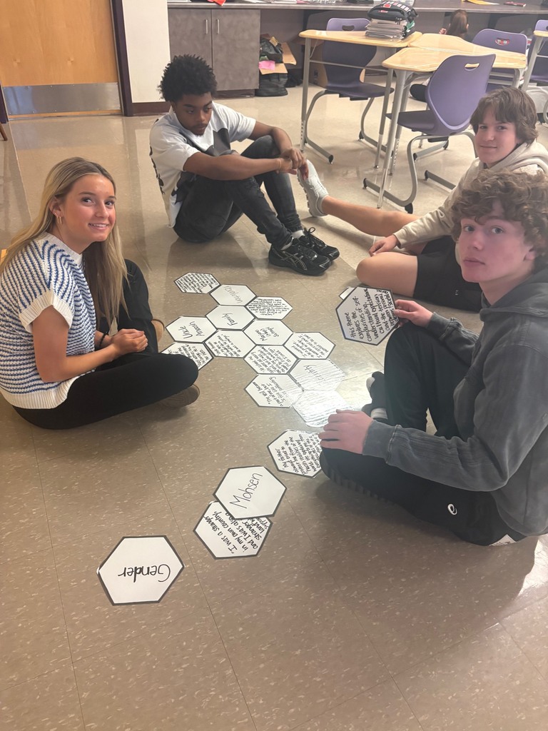 Students are using hexagons that have printed quotes and character names from the novel unit.  They are sitting on the floor and rearranging them against another to identify the proper connections.      