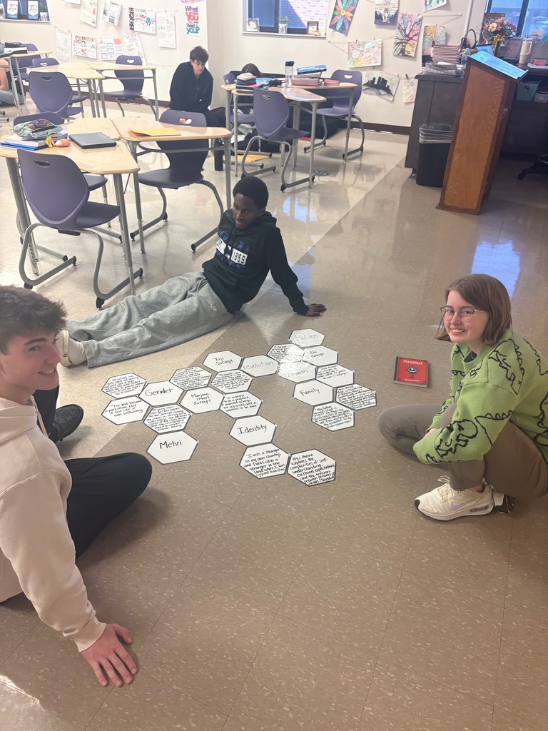 Students are using hexagons that have printed quotes and character names from the novel unit.  They are sitting on the floor and rearranging against one another that identify the proper 