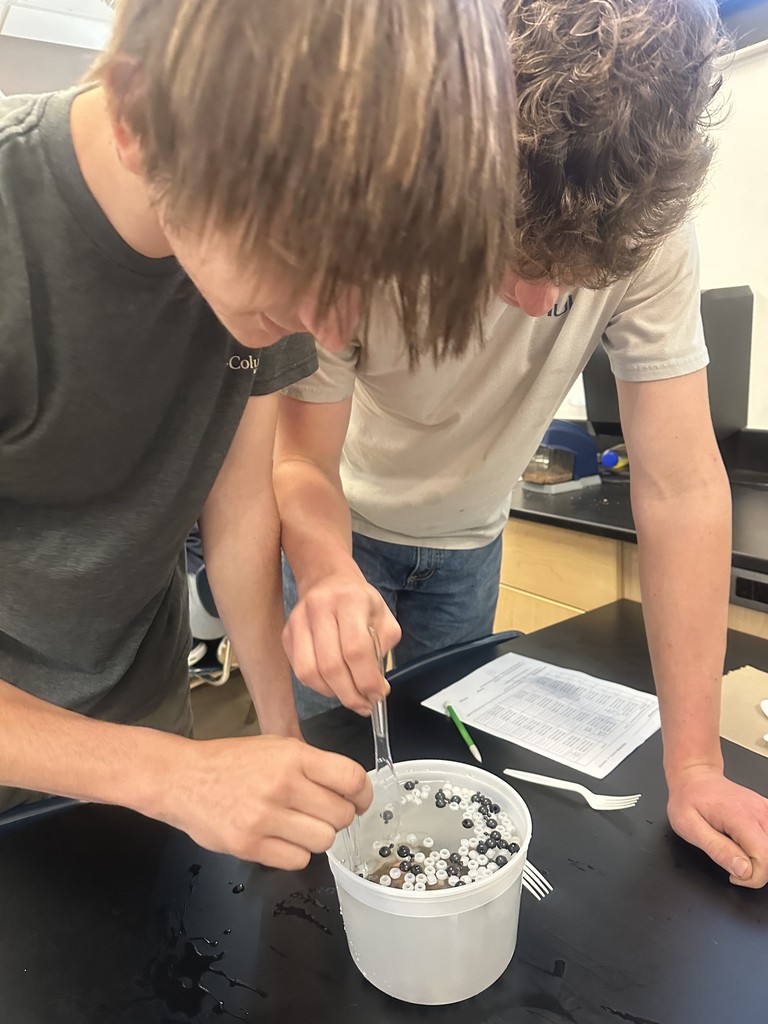 Students diving for beads using spoons.