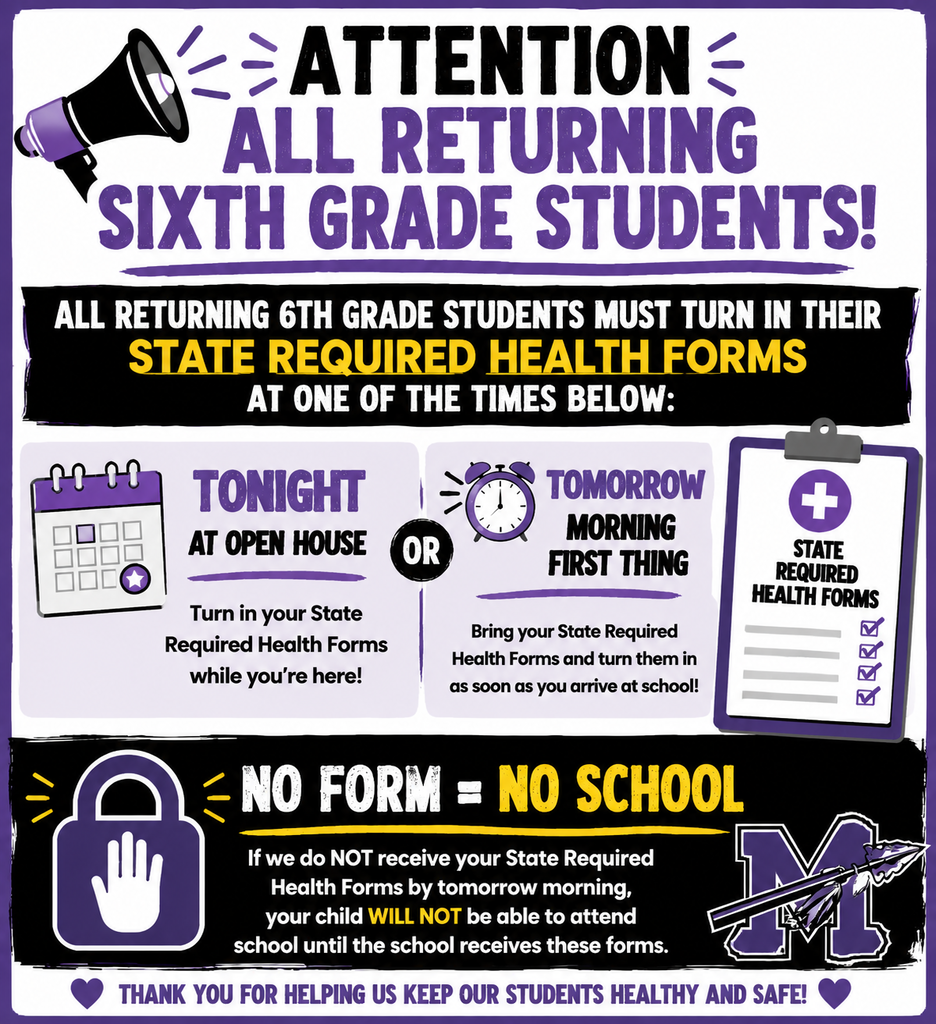 All returning sixth grade students must turn in the state required health forms tonight at open house or tomorrow morning first thing. If they do not have it turned in by tomorrow morning, they cannot attend school until the school receives these forms.
