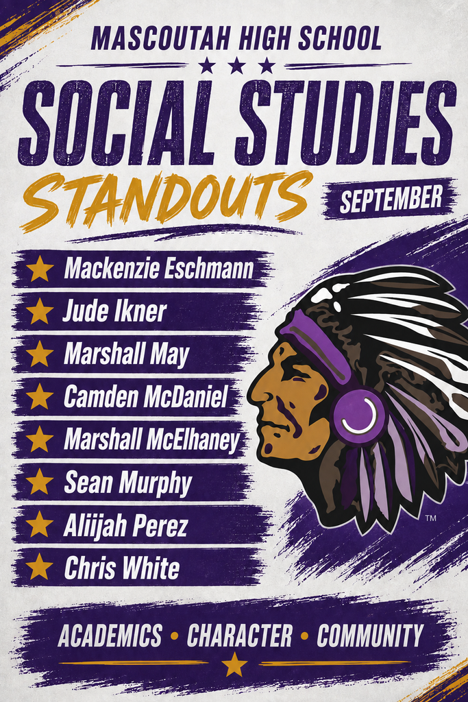 A vertical Mascoutah High School Social Studies Standouts poster recognizing eight students for September. The design features a white textured background with bold purple and gold lettering, decorative paintbrush strokes, and gold stars. The eight students’ names appear in white lettering on individual purple banners along the left side: Mackenzie Eschmann, Jude Ikner, Marshall May, Camden McDaniel, Marshall McElhaney, Sean Murphy, Aliijah Perez, and Chris White. A large Mascoutah Indians chief head logo in purple, black, white, and gold occupies the right side. At the bottom, a purple banner reads “Academics • Character • Community,” celebrating student achievement, positive character, and contributions to the school community.