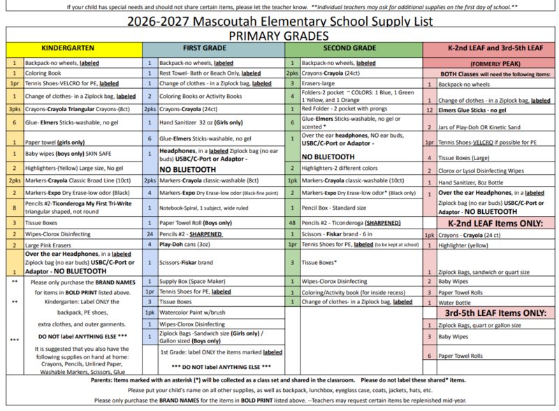 KDG-2nd & LEAF School Supplies List