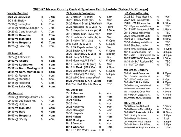 26-27 Fall Sports Schedule