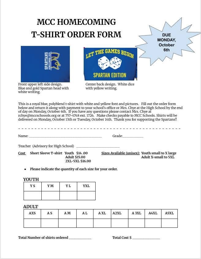 MCC schools homecoming shirt order